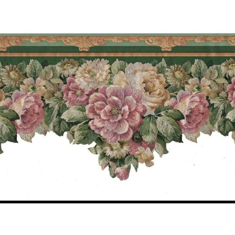 Village Wallpaper Border 5803230 Scalloped Green Mauve Pink Rose Floral 15'